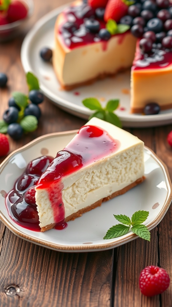 A slice of fluffy Japanese no-bake cheesecake topped with berry compote, on a porcelain plate with fresh berries in the background.